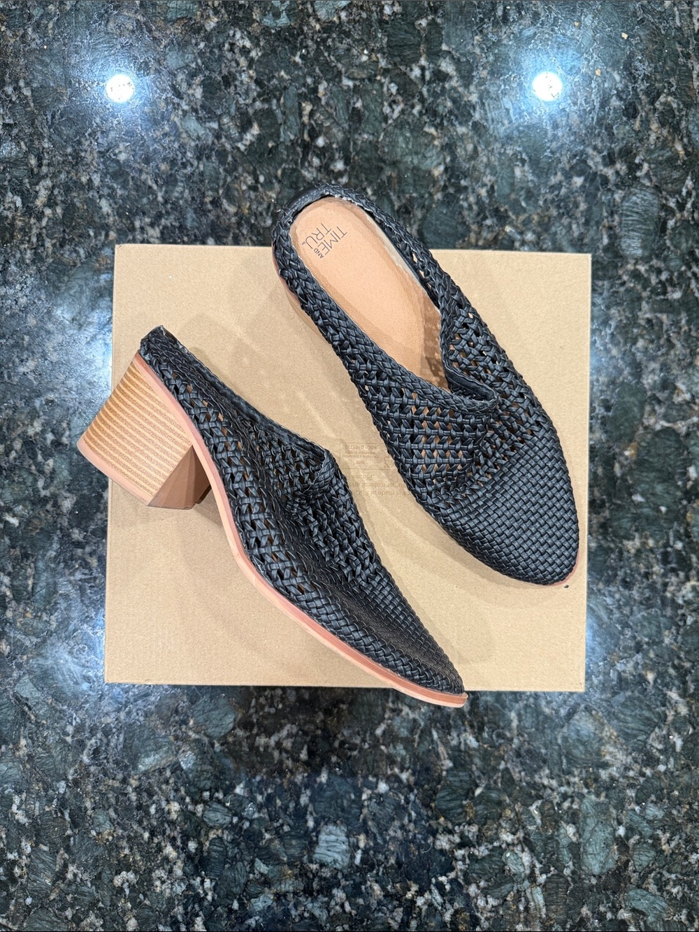 Time and Tru Black Woven Slip-On Mules with Block Heel